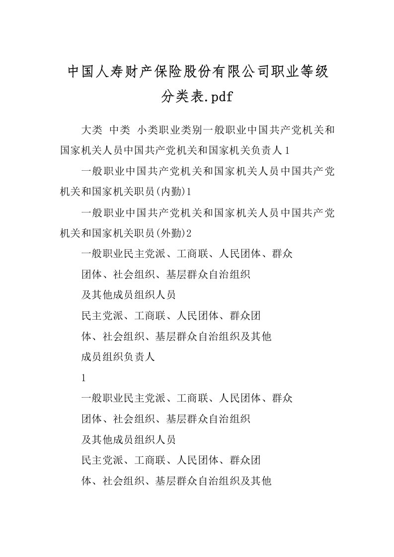 中国人寿财产保险股份有限公司职业等级分类表