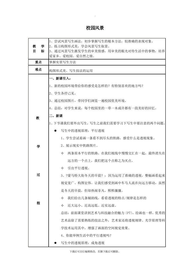 七年级美术上册第二单元校园采风第3课《校园风景》教案2岭南版