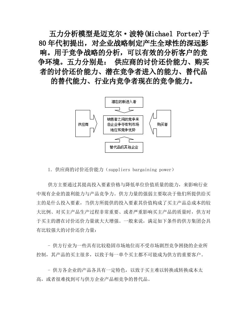 关于波特五力模型的总结分析