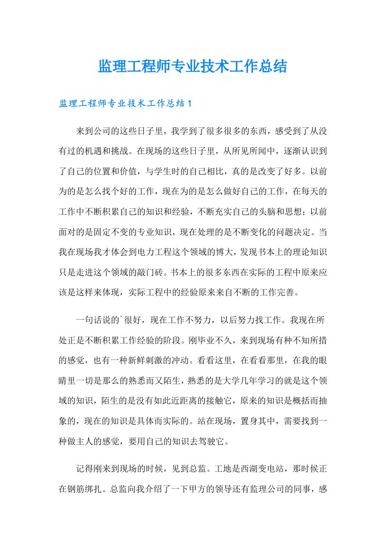 监理工程师专业技术工作总结