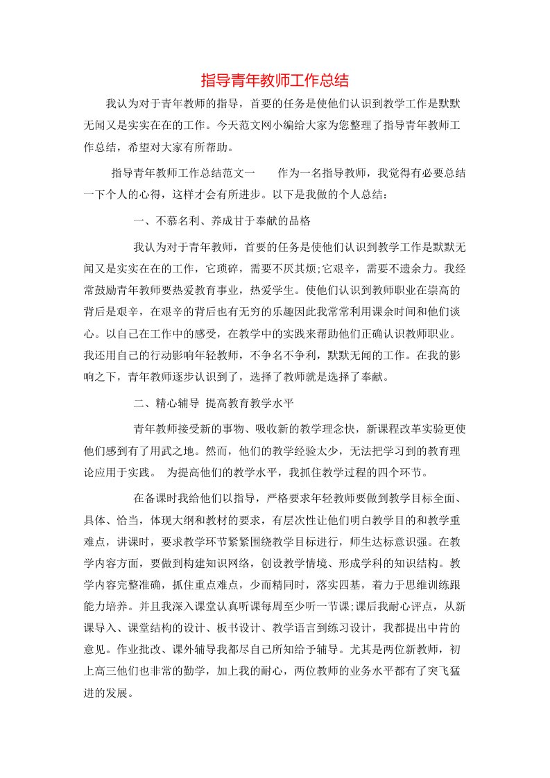 指导青年教师工作总结