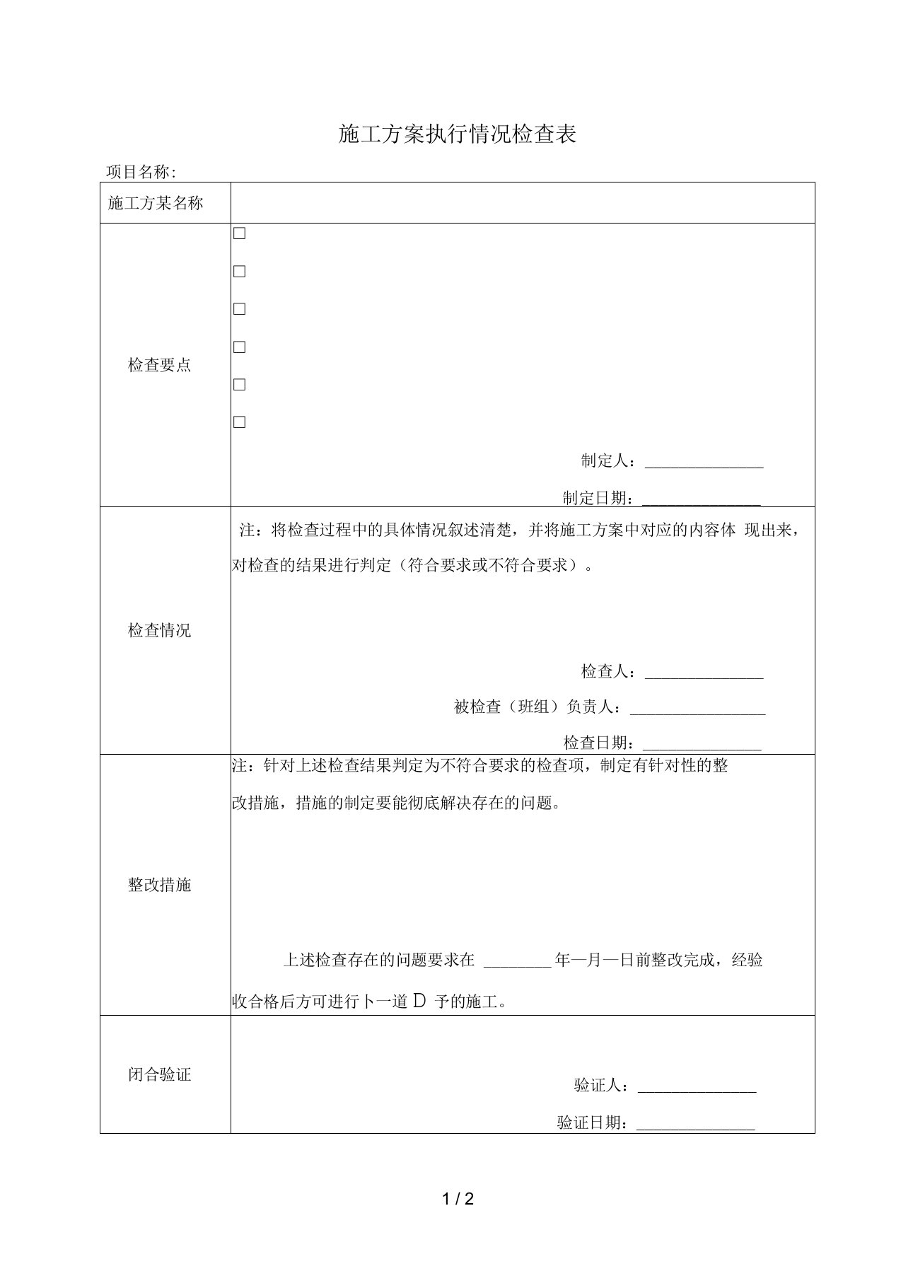 施工方案执行情况检查表