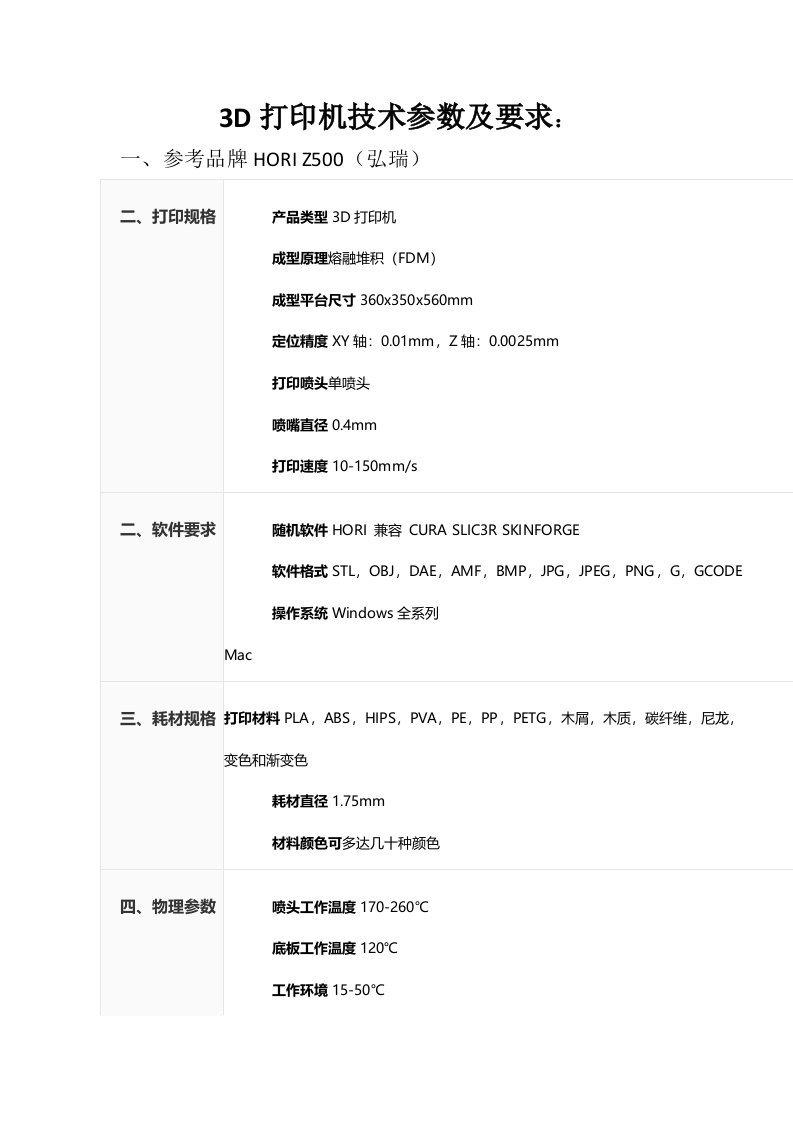 3D打印机技术参数及要求