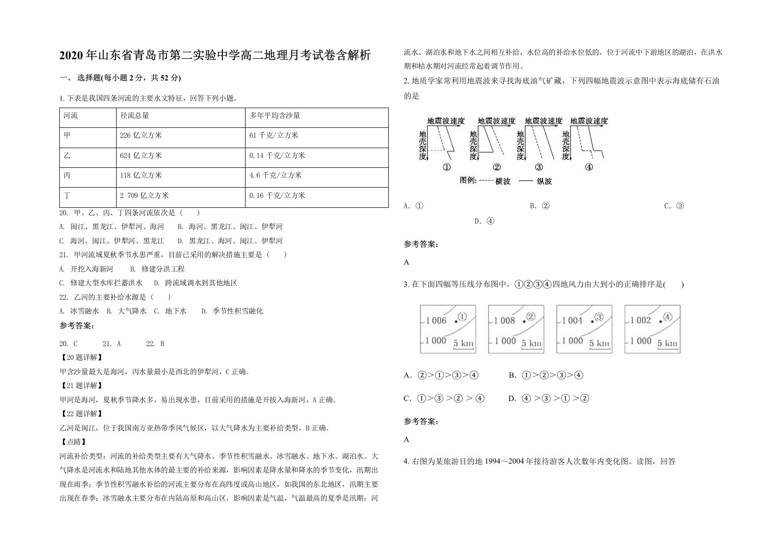 2020年山东省青岛市第二实验中学高二地理月考试卷含解析