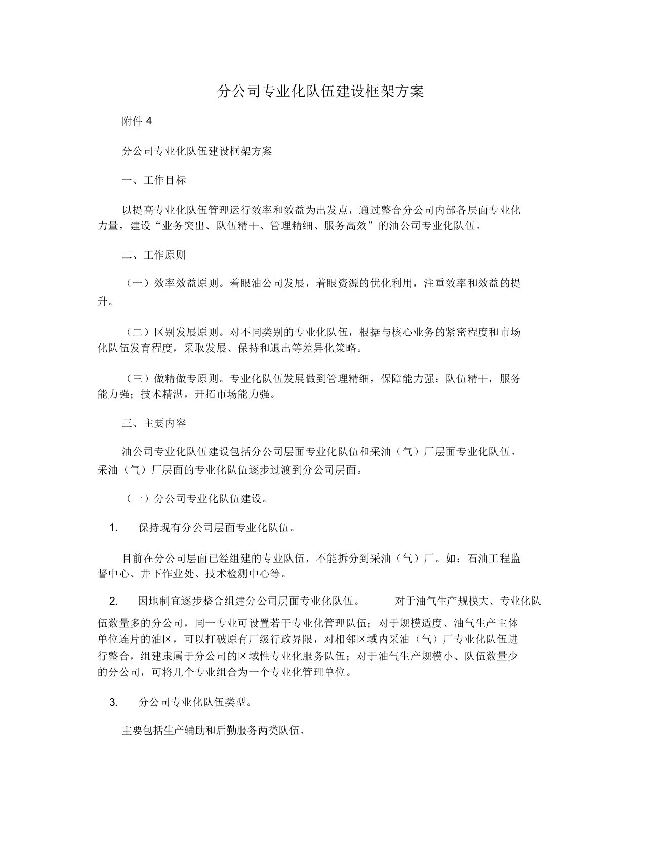 分公司专业化队伍建设框架方案