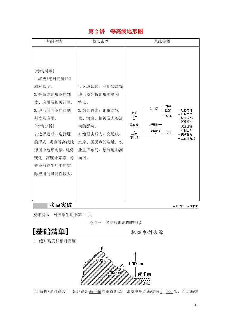 2022高考地理一轮复习第一章宇宙中的地球第2讲等高线地形图教学案中图版202104152137