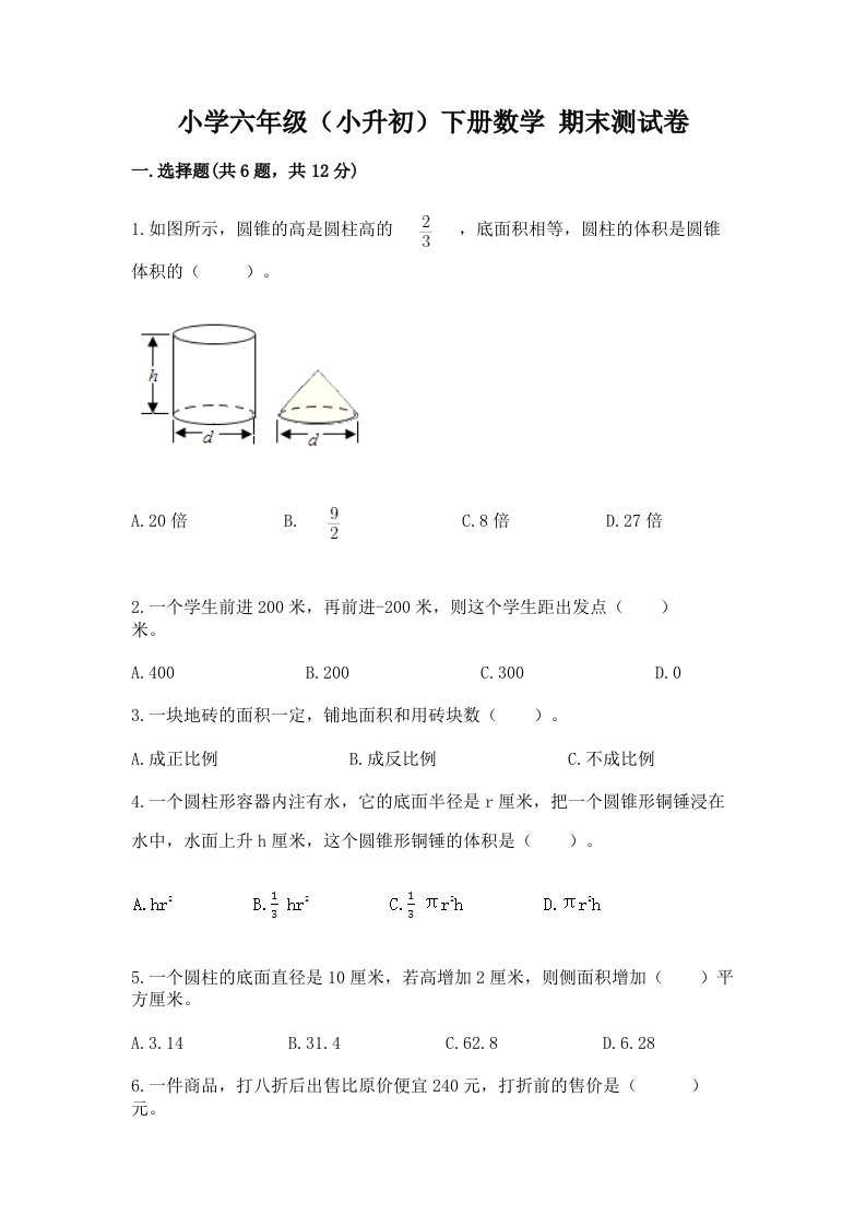 小学六年级（小升初）下册数学