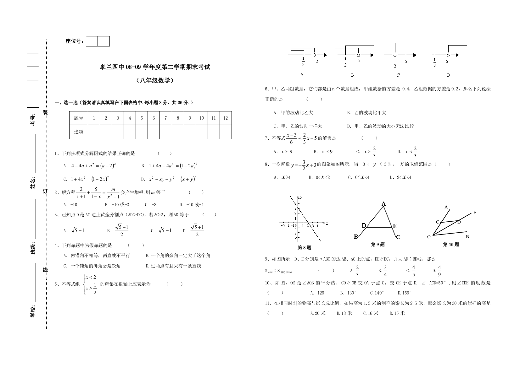 【小学中学教育精选】甘肃兰州皋兰四中08-09学年度八年级下期末测试试卷--数学