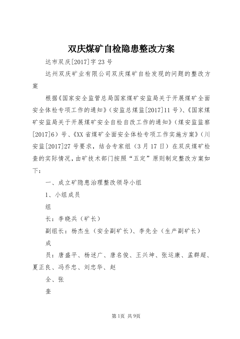 双庆煤矿自检隐患整改方案