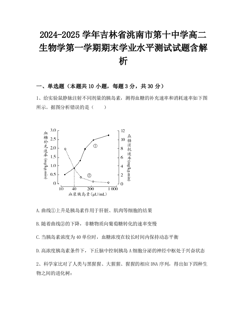 2024-2025学年吉林省洮南市第十中学高二生物学第一学期期末学业水平测试试题含解析