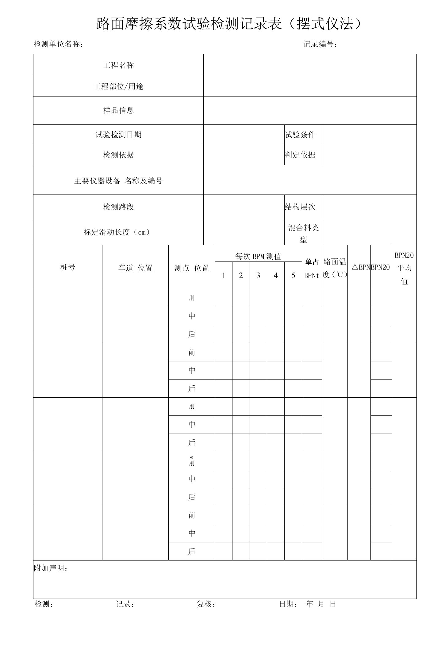 路面摩擦系数试验检测记录表（摆式仪法）