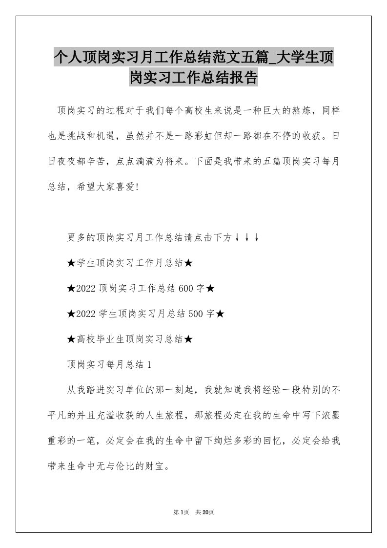 个人顶岗实习月工作总结范文五篇_大学生顶岗实习工作总结报告