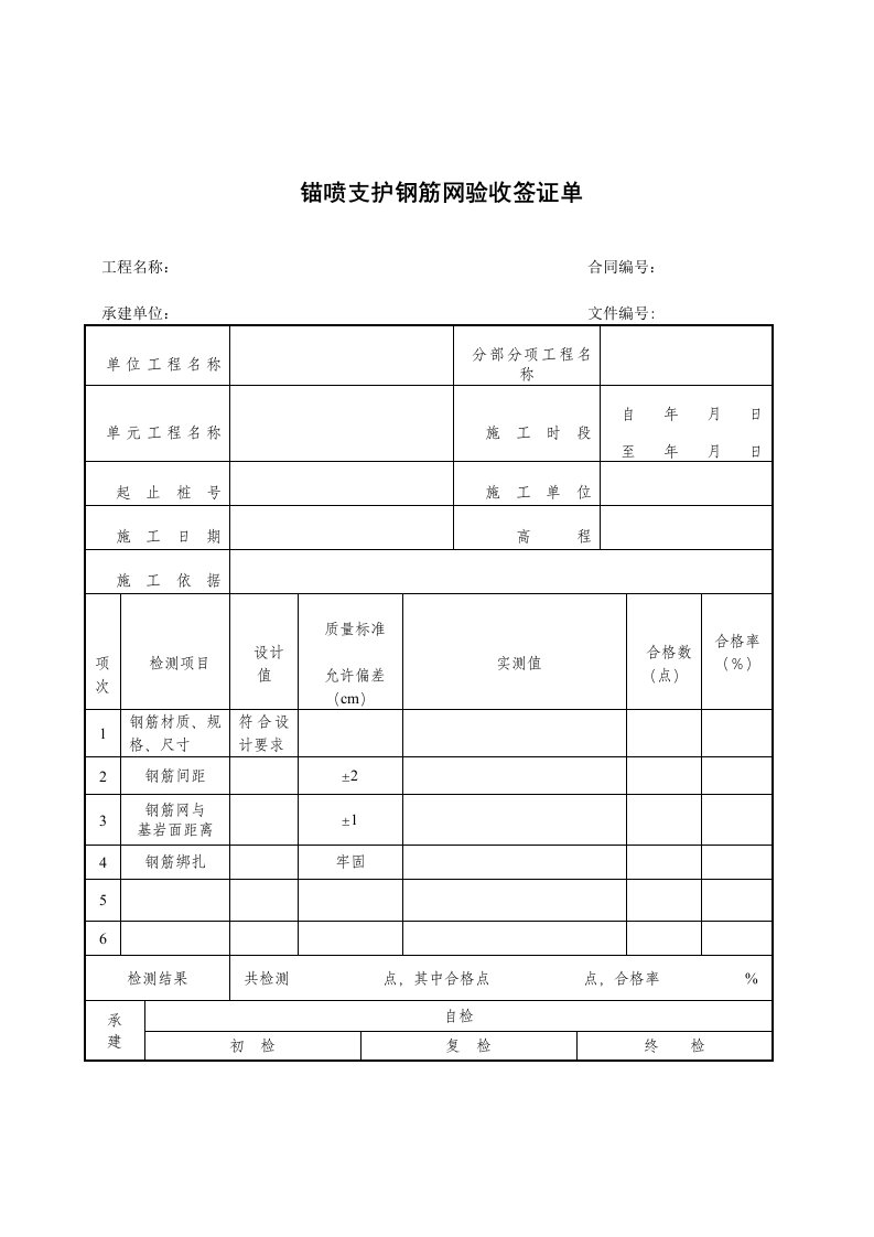 锚喷支护钢筋网验收签证单