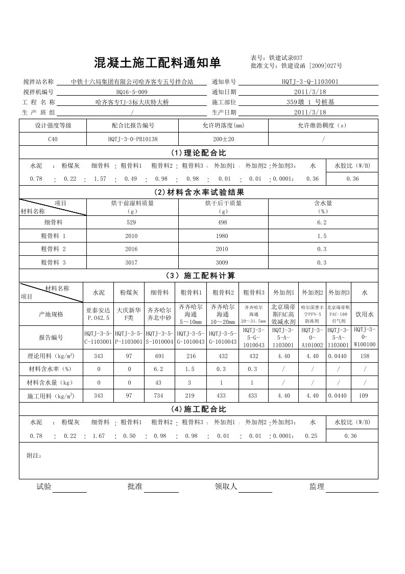 黑龙江某特大桥拌合站混凝土施工配料通知单