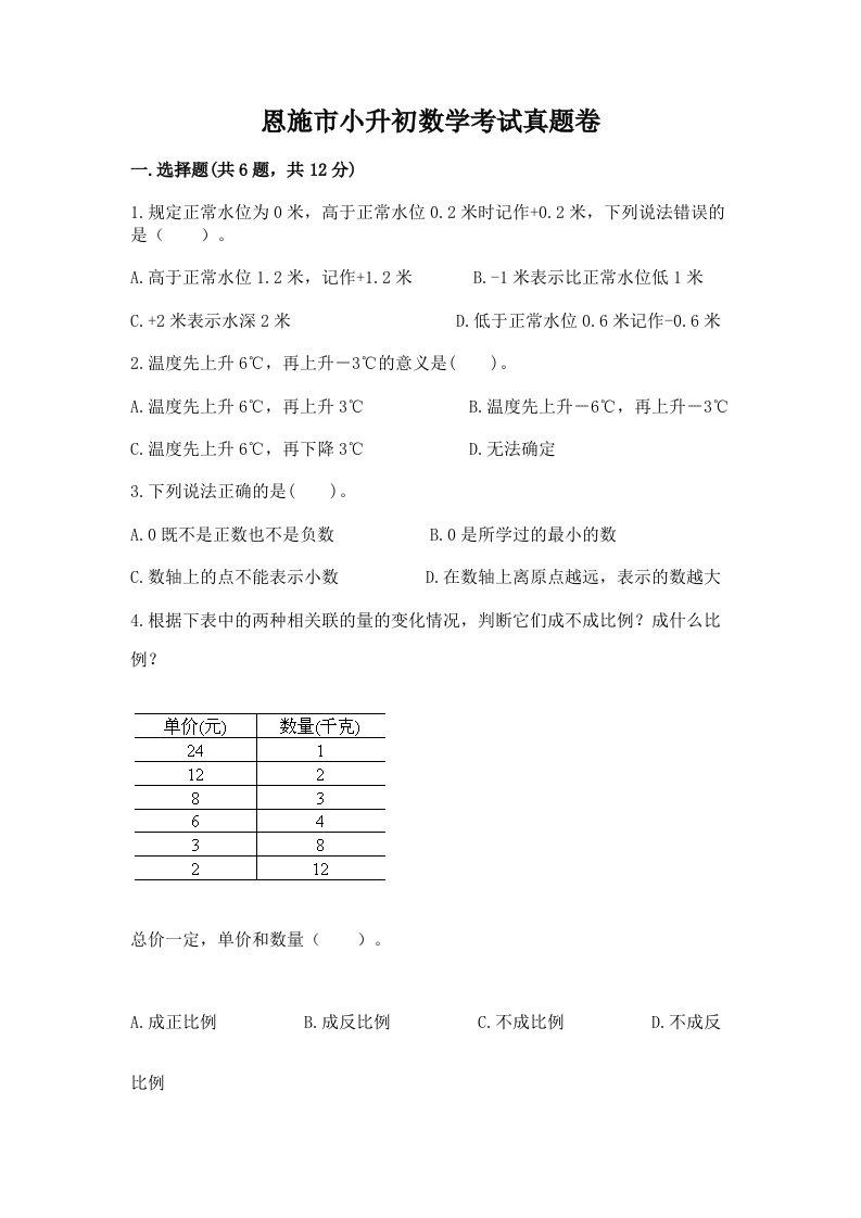 恩施市小升初数学考试真题卷新版