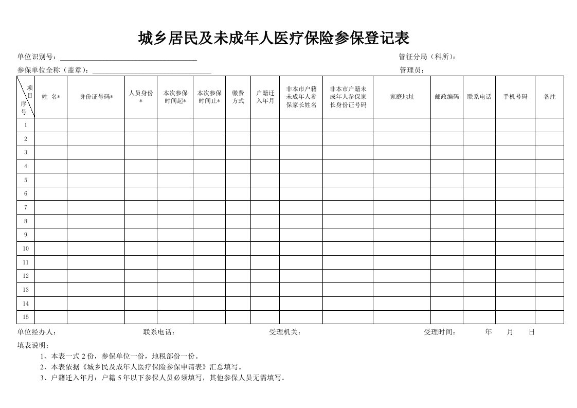 城乡居民及未成年人医疗保险参保登记表