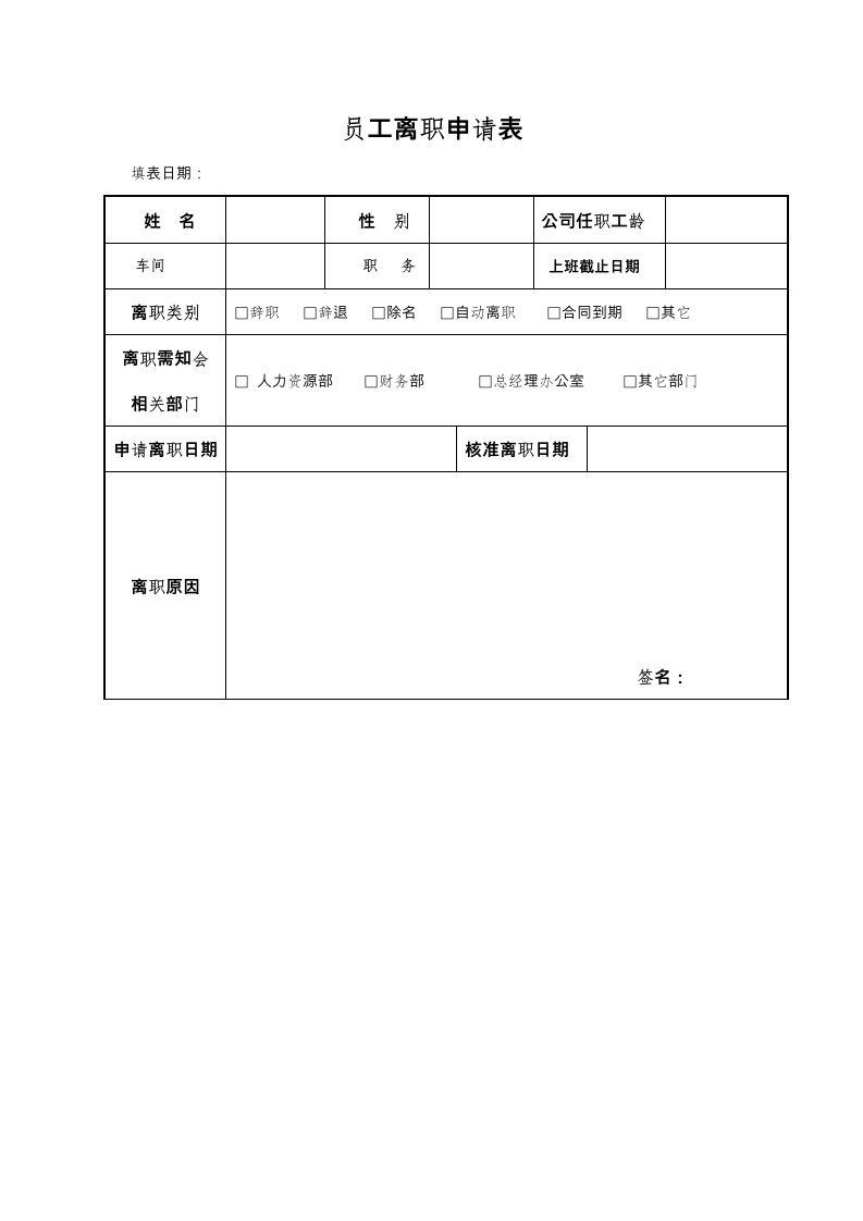 员工离职申请表格式