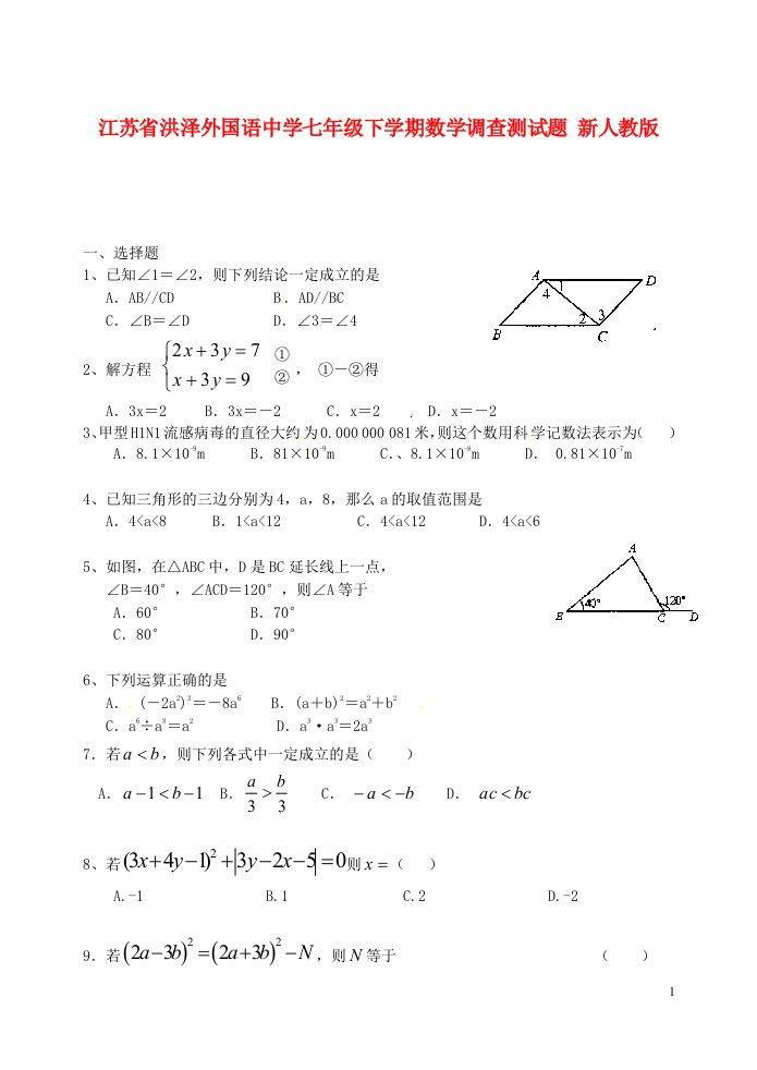 江苏省洪泽外国语中学七级数学下学期调查测试题