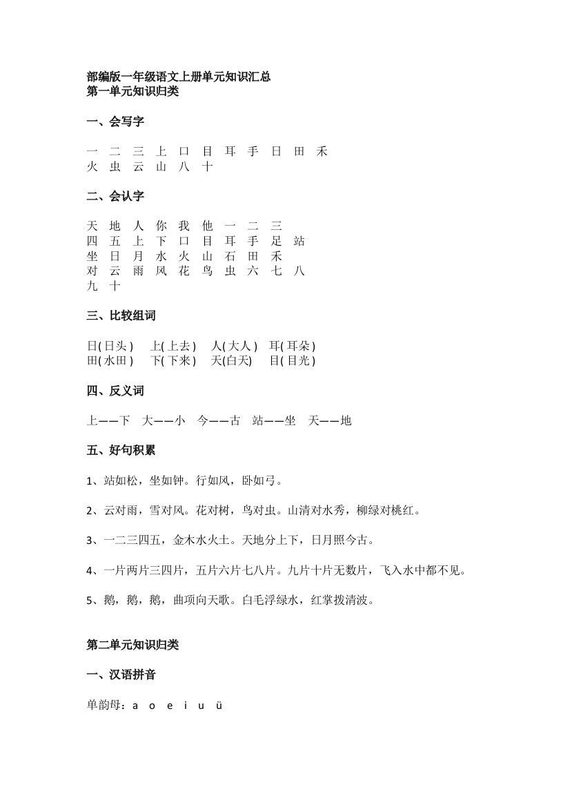 【小学精品】一年级语文上册——单元知识总汇（拼音生字