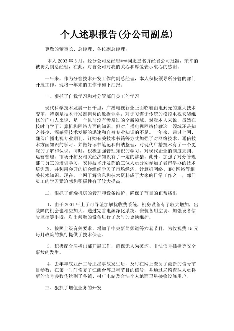 个人述职报告分公司副总