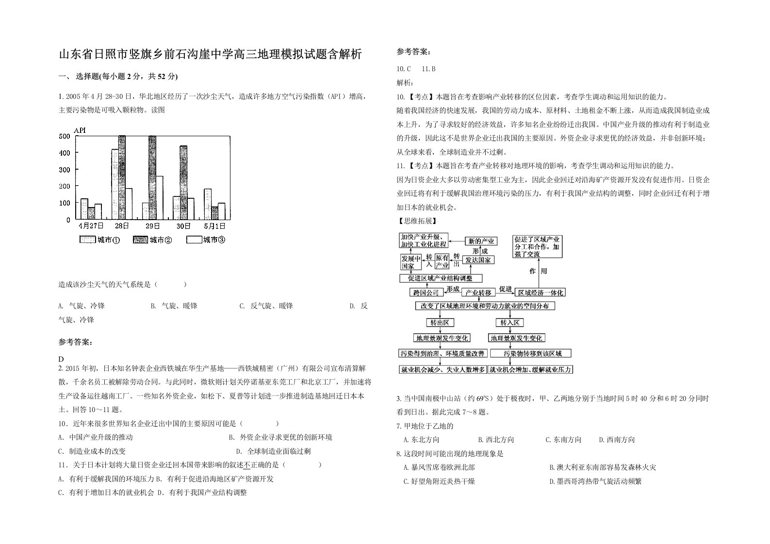 山东省日照市竖旗乡前石沟崖中学高三地理模拟试题含解析