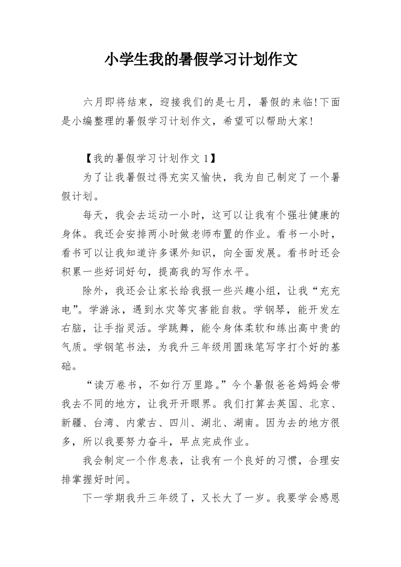 小学生我的暑假学习计划作文