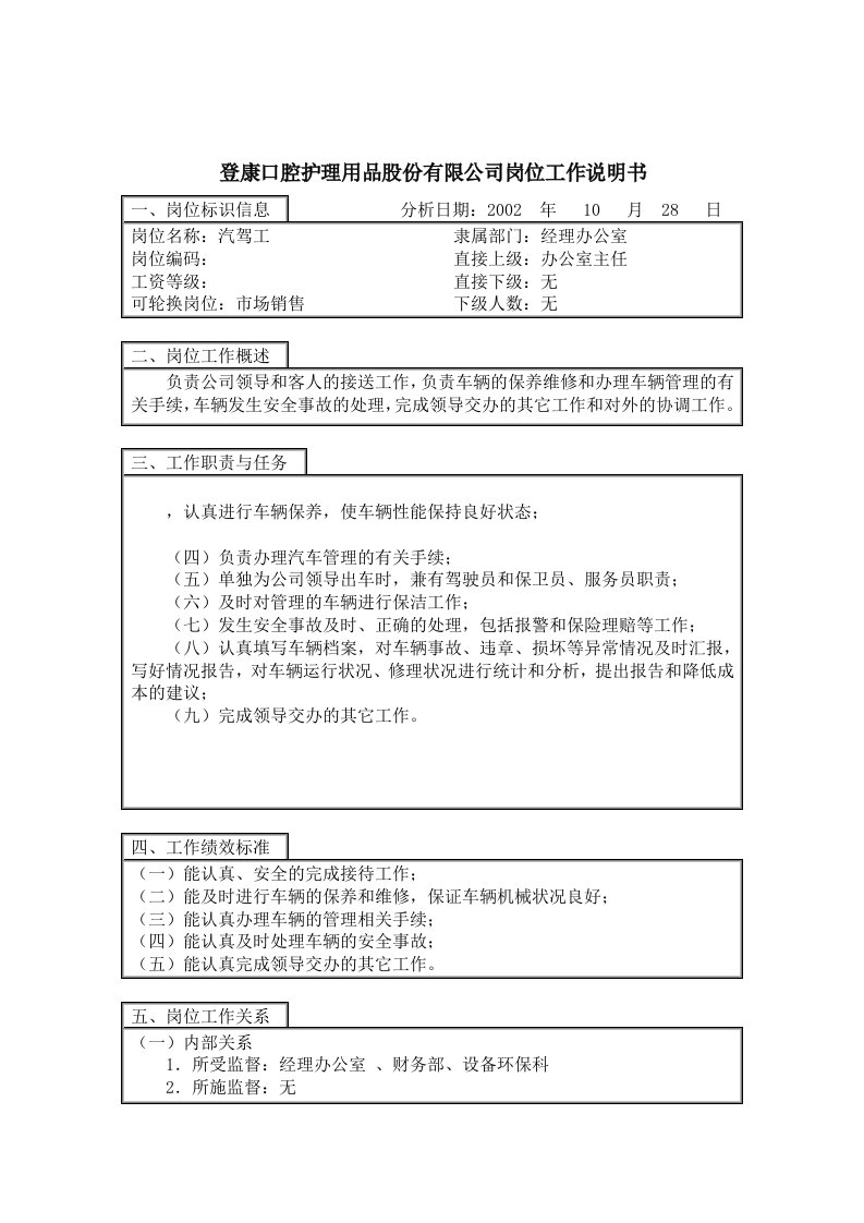 登康口腔护理用品股份有限公司汽驾工岗位工作说明书