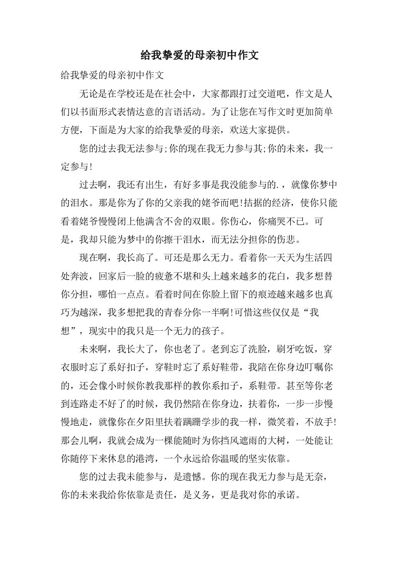 给我挚爱的母亲初中作文