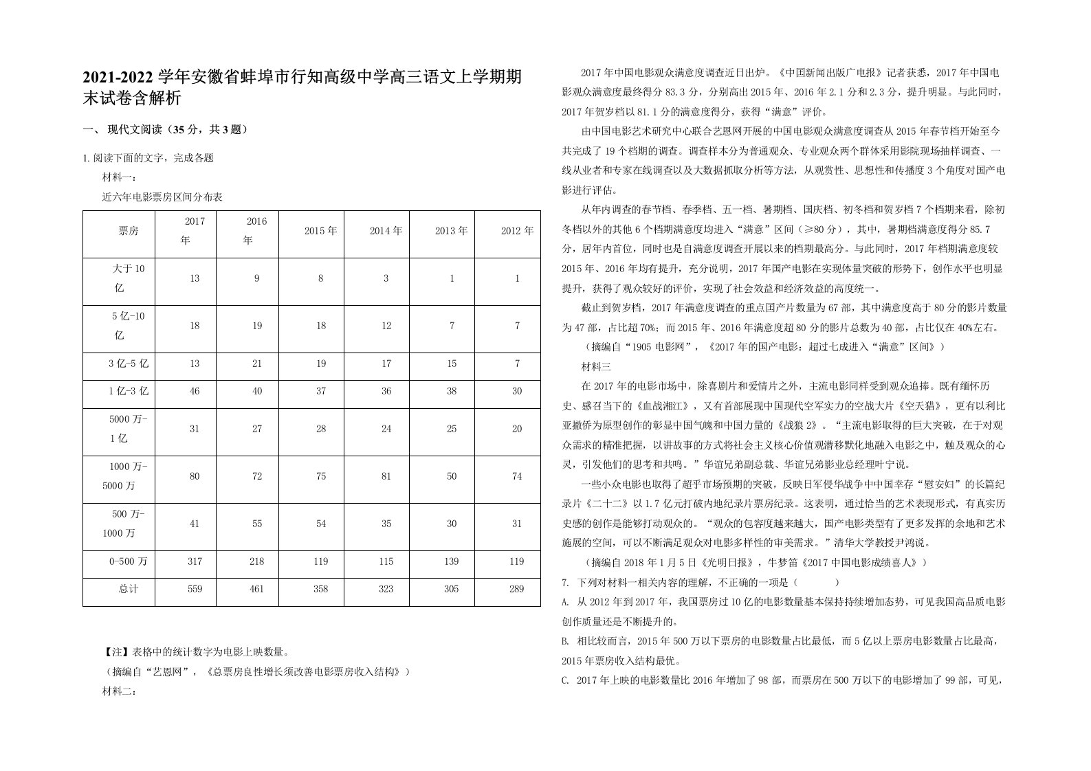 2021-2022学年安徽省蚌埠市行知高级中学高三语文上学期期末试卷含解析