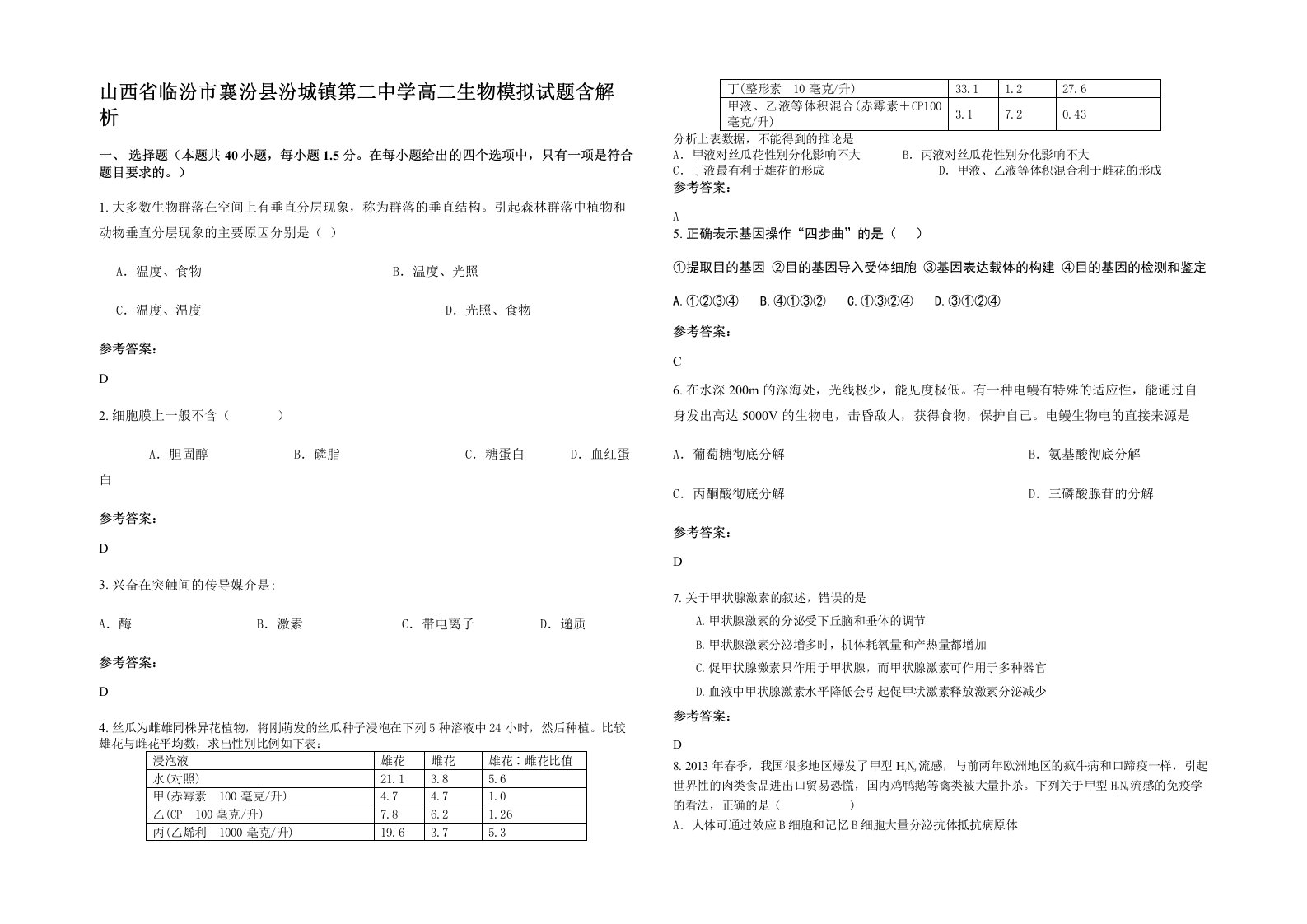 山西省临汾市襄汾县汾城镇第二中学高二生物模拟试题含解析