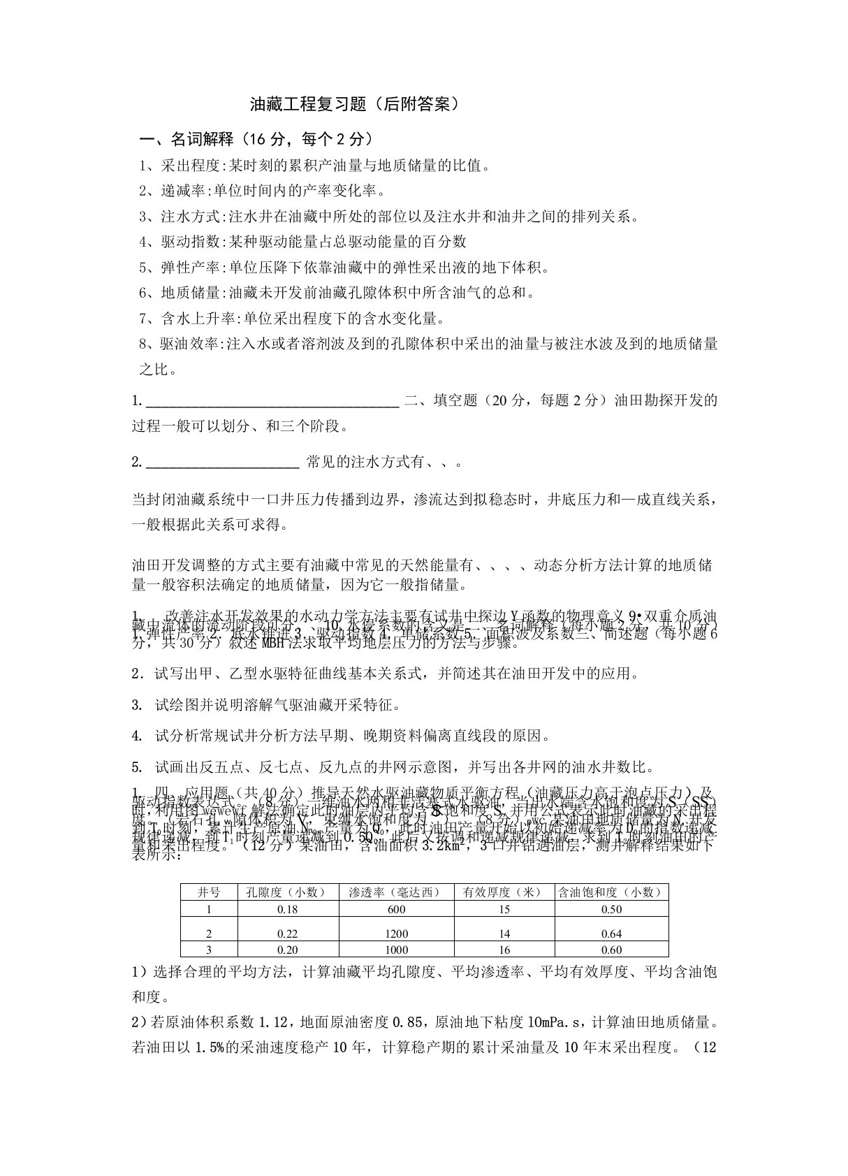 油藏工程试题(后附答案)