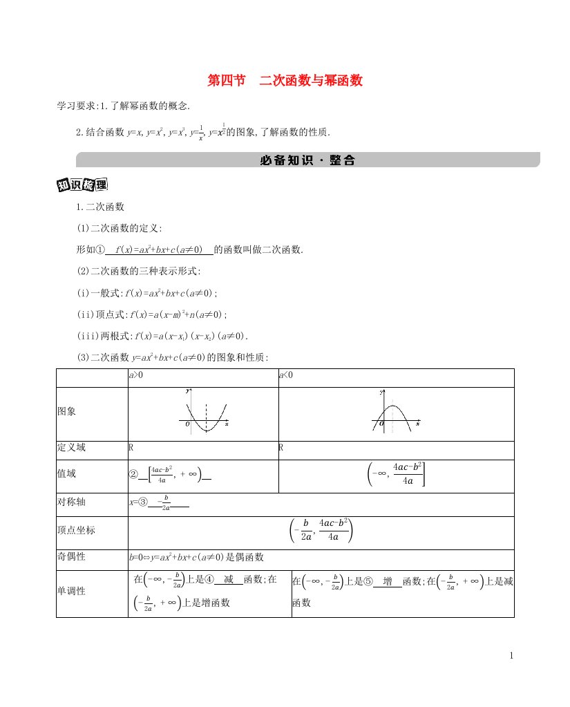 新课标2022版高考数学总复习第二章函数第四节二次函数与幂函数练习含解析理