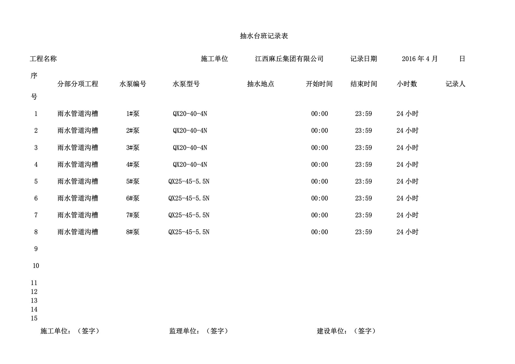 抽水台班记录表格