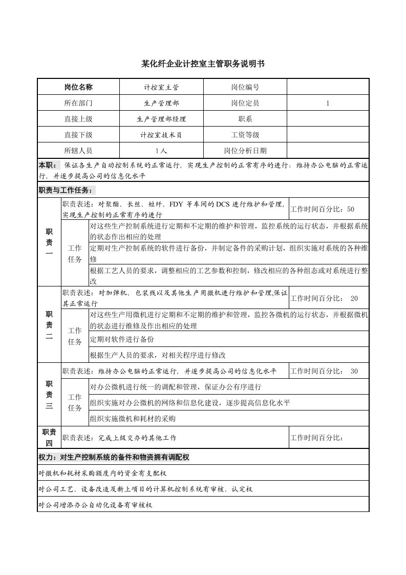 某化纤企业计控室主管职务说明书