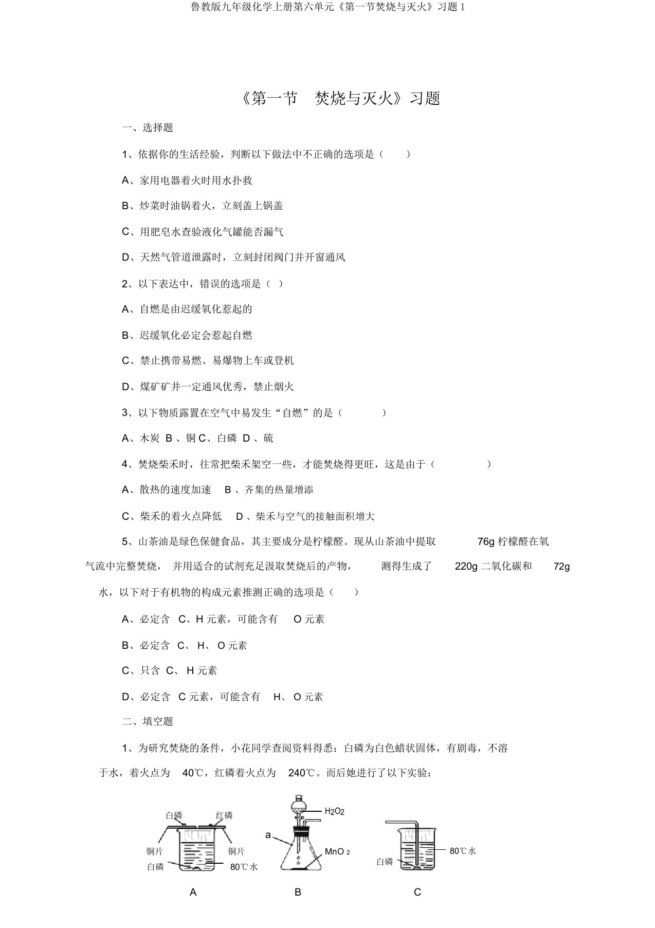 鲁教版九年级化学上册第六单元《第一节燃烧与灭火》习题1