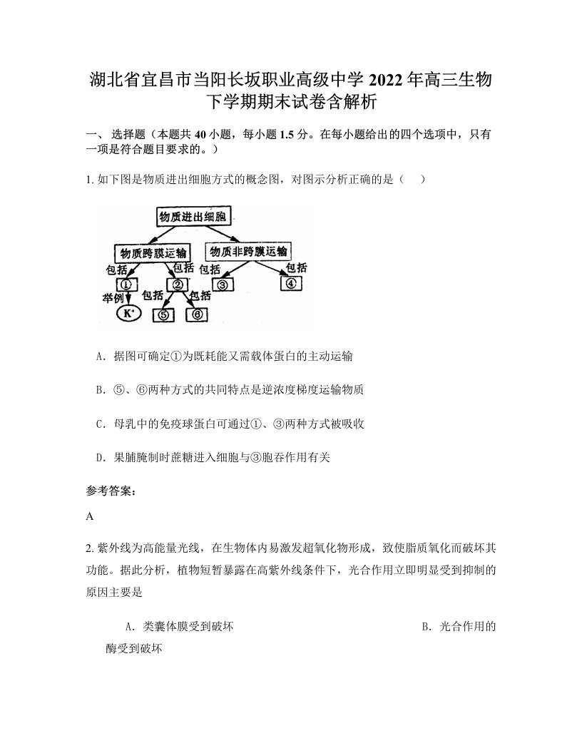 湖北省宜昌市当阳长坂职业高级中学2022年高三生物下学期期末试卷含解析