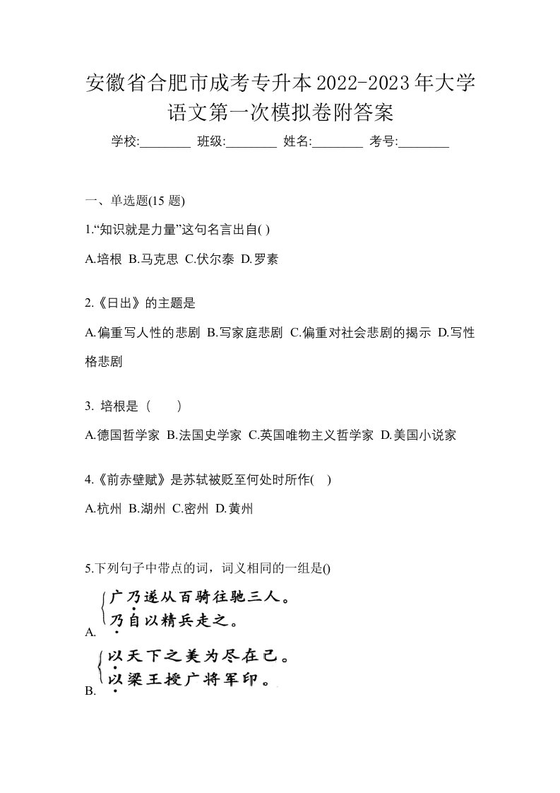 安徽省合肥市成考专升本2022-2023年大学语文第一次模拟卷附答案