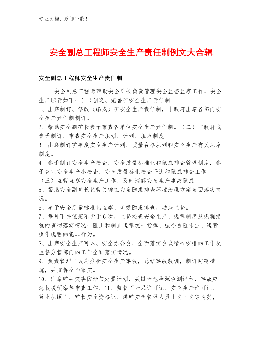 安全副总工程师安全生产责任制例文大合辑