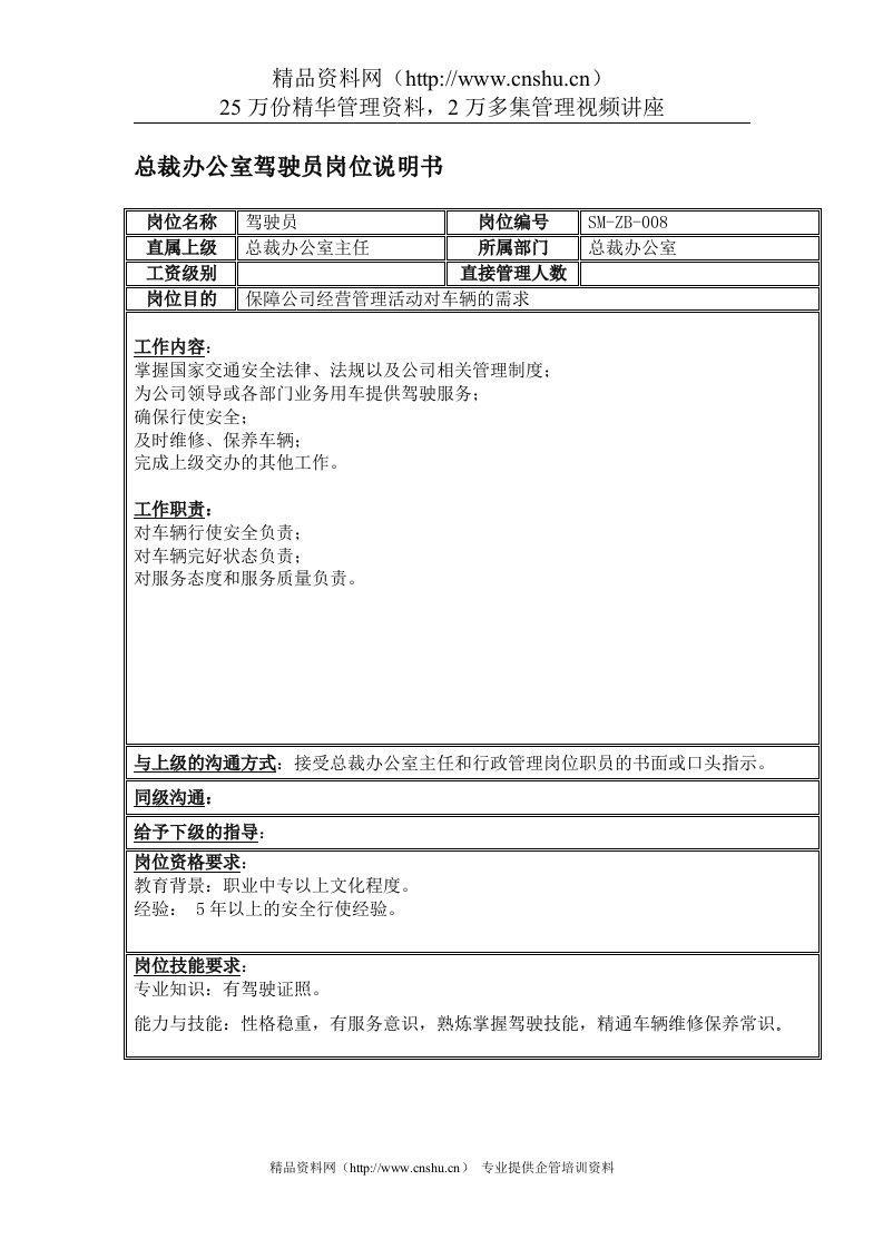 总裁办公室驾驶员岗位说明书