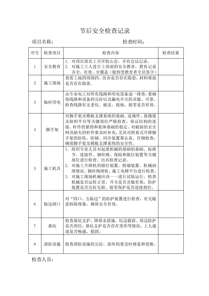 节后复工前安全检查记录