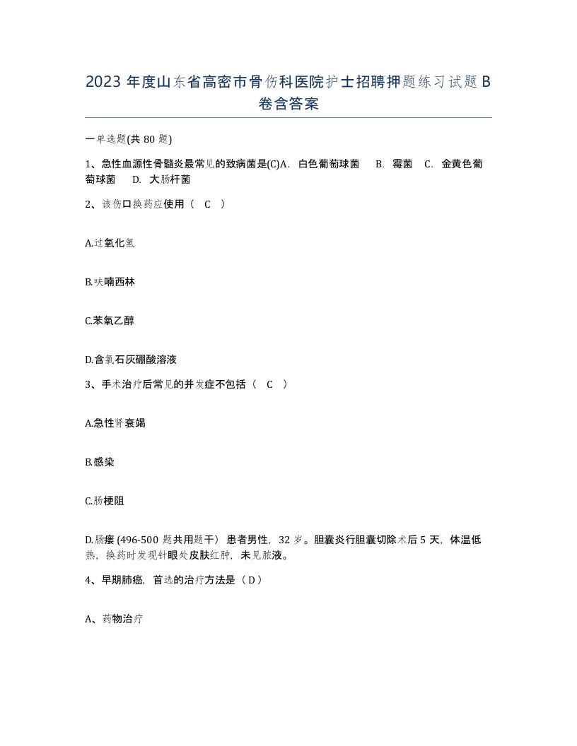 2023年度山东省高密市骨伤科医院护士招聘押题练习试题B卷含答案