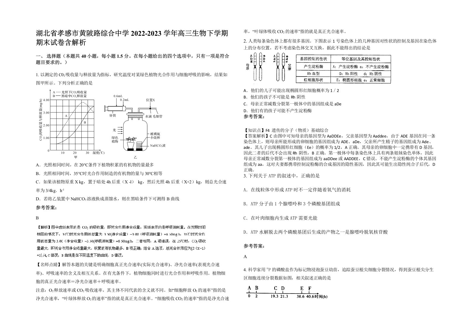 湖北省孝感市黄陂路综合中学2022-2023学年高三生物下学期期末试卷含解析