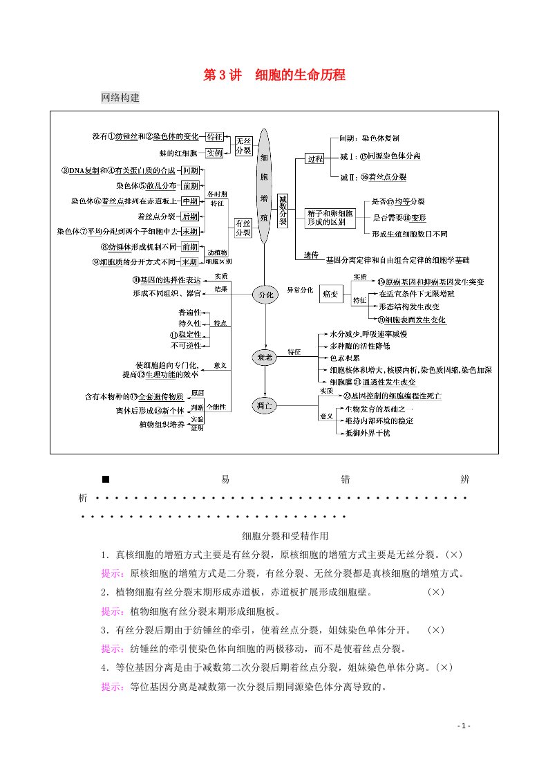 山东专用2021高考生物二轮复习第1部分专题1第3讲细胞的生命历程学案