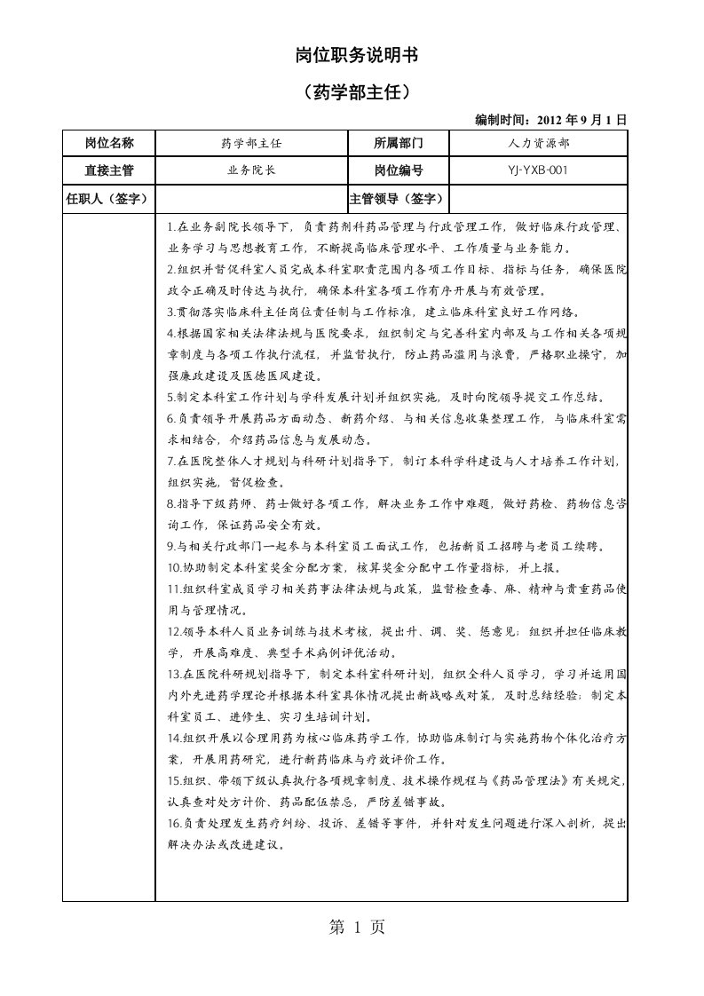 医院药学部岗位职务说明书