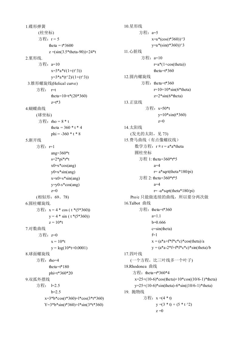 各种曲线的Proe方程