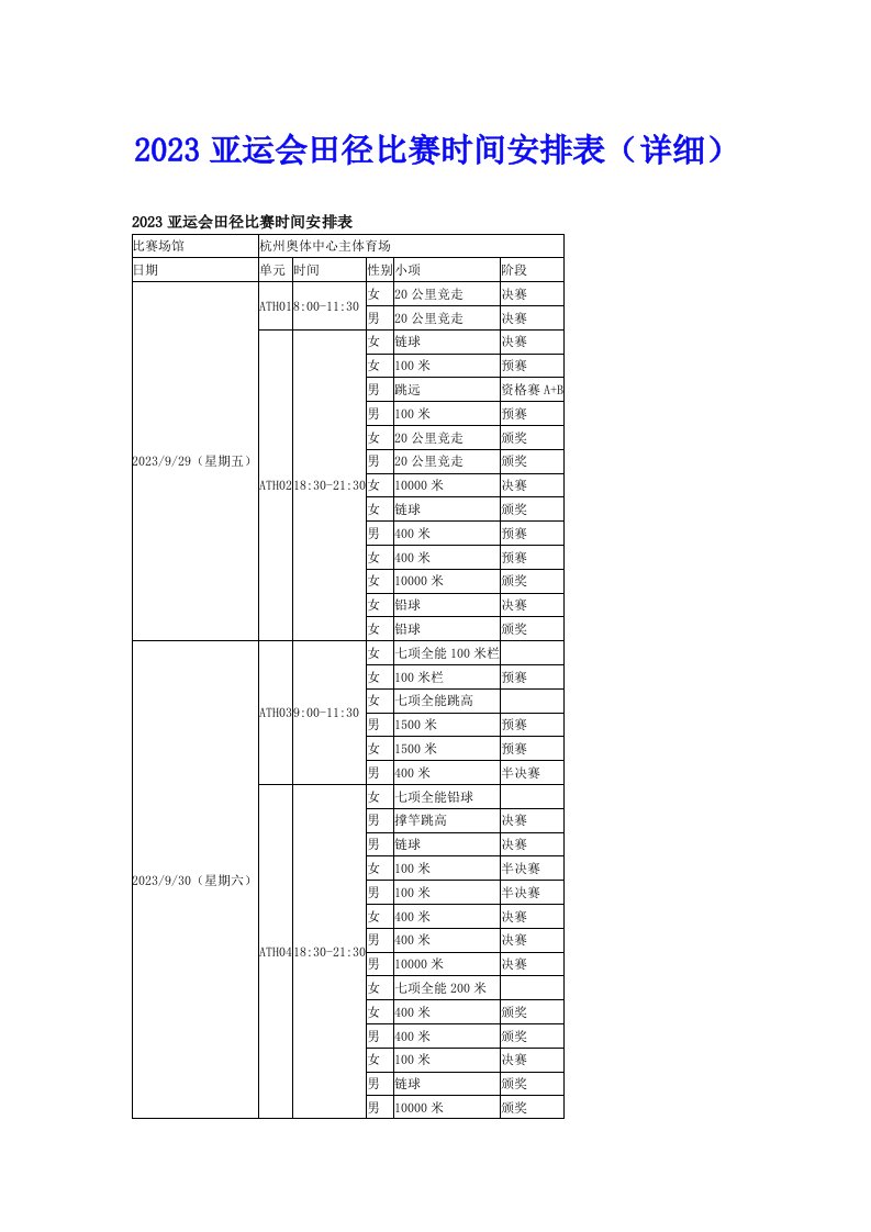 2023亚运会田径比赛时间安排表（详细）