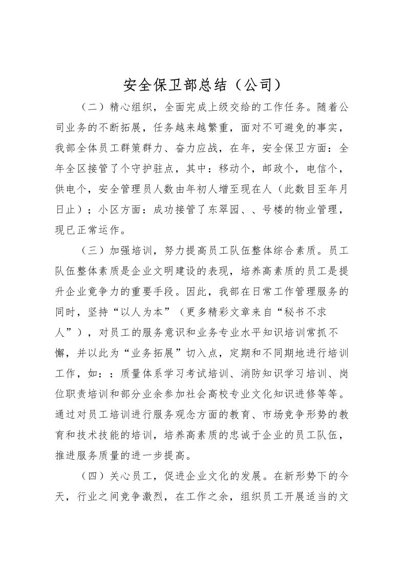 2022安全保卫部总结公司