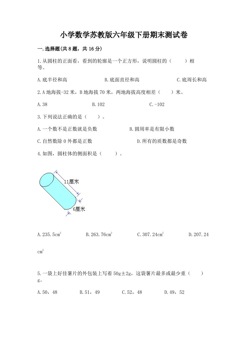 小学数学苏教版六年级下册期末测试卷精品（考点梳理）