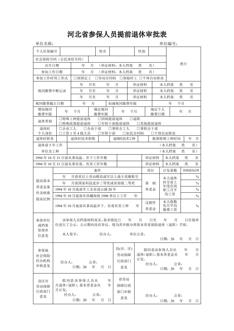 河北省参保人员提前退休审批表