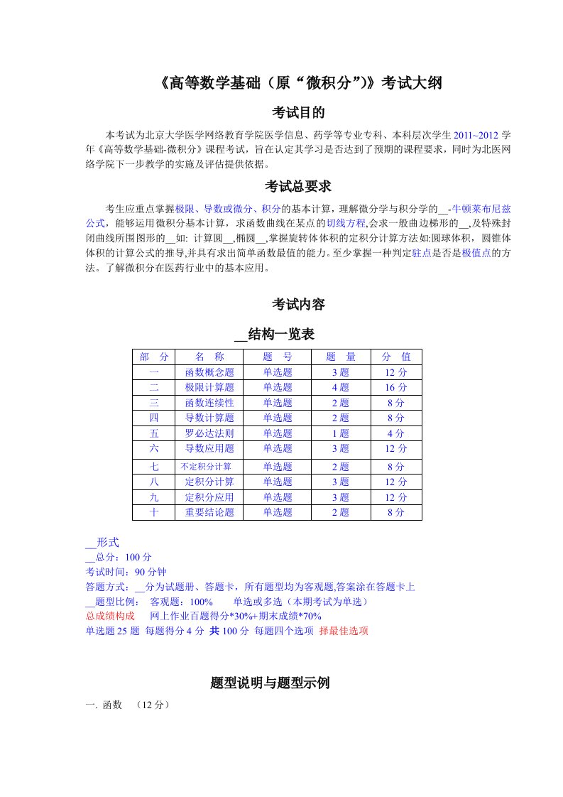 《高等数学基础(原“微积分”)》考试大纲